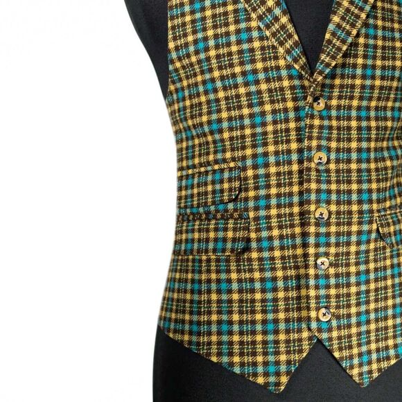 Mens 42R Tartan Plaid Wool Vest Waistcoat Yellow Blue Brown Formal Wedding Party - Picture 7 of 10